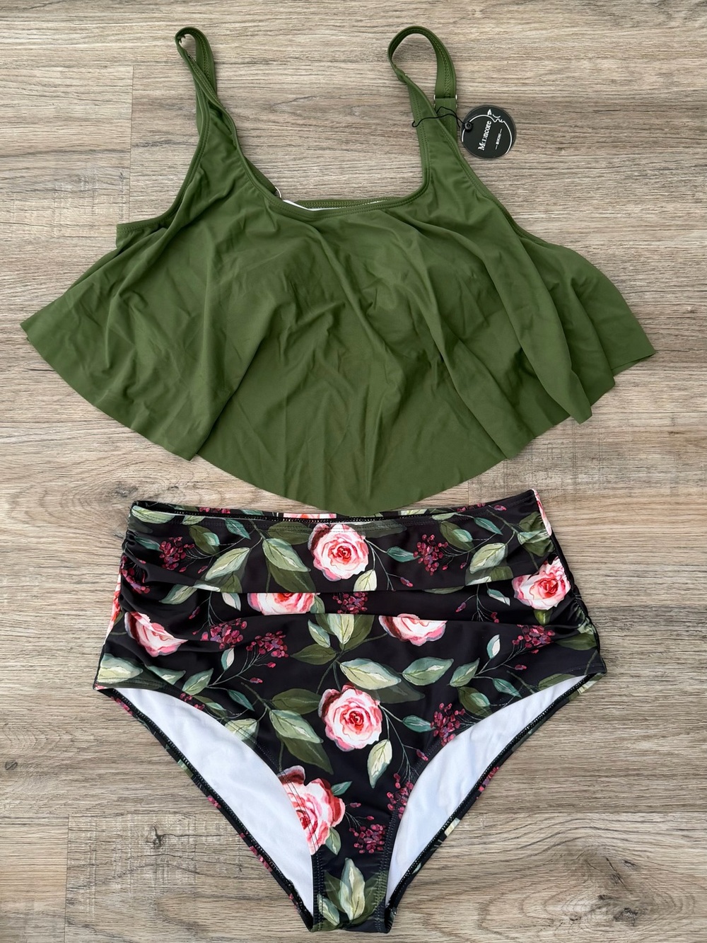 XL Floral High-Waist Bikini Set with Olive Flounce Top